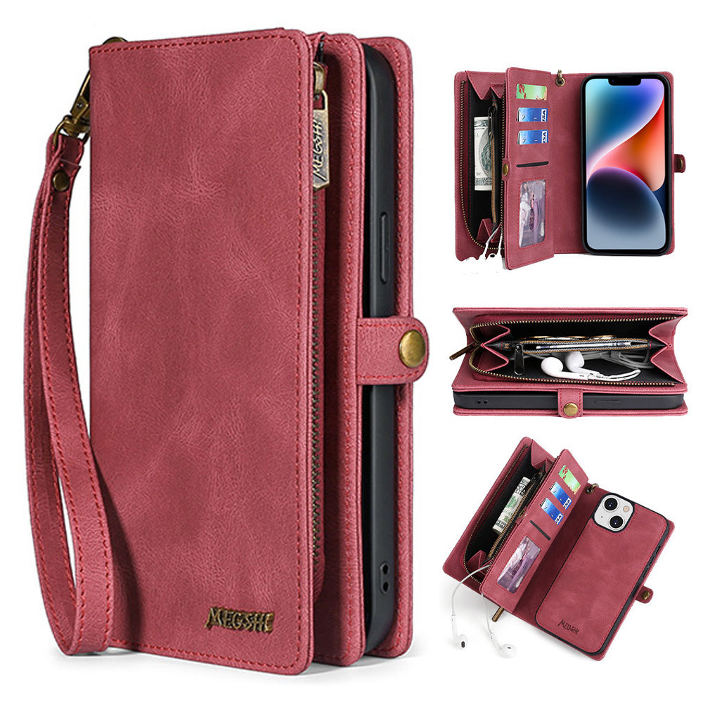 MEGSHI 017 Series For iPhone 14 Detachable Leather Case Magnetic Absorption Zippered Wallet Cover with Handy Strap MEGSHI 017 Series For iPhone 14 Detachable Leather Case Magnetic Absorption Zippered Wallet Cover with Handy Strap